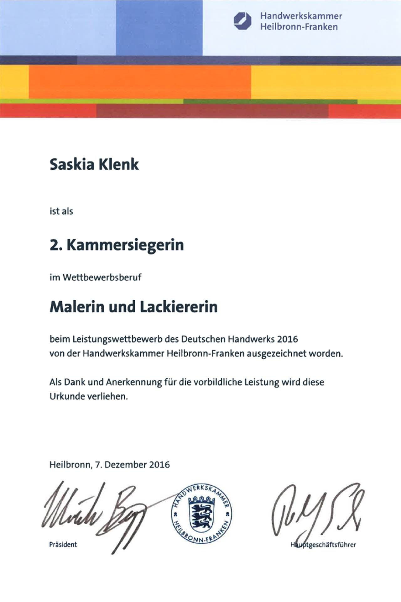2. Kammersiegerin Saskia Klenk