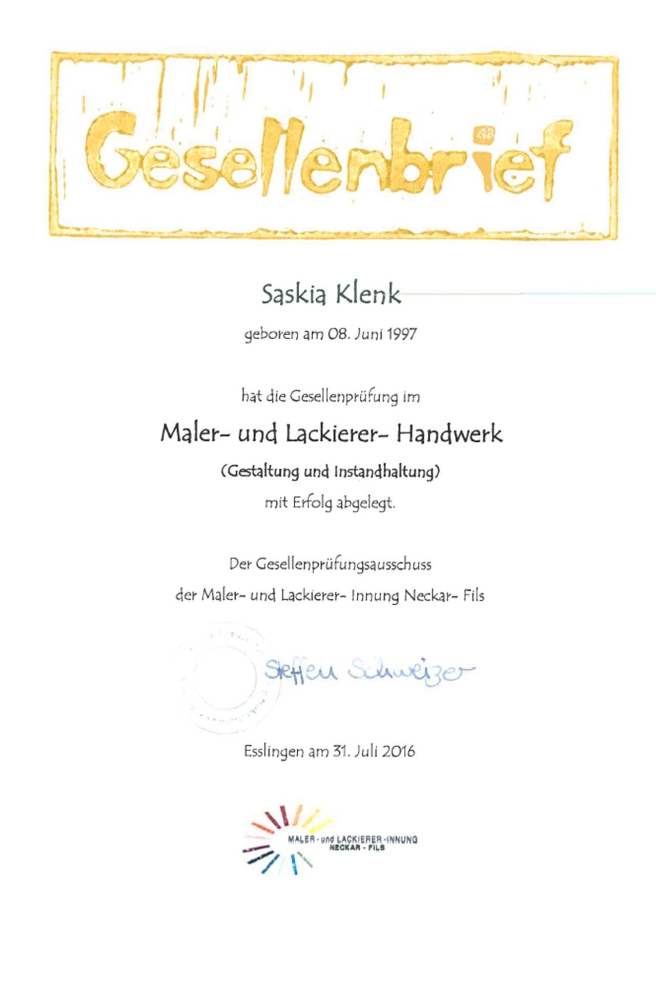 Gesellenbrief Saskia Klenk