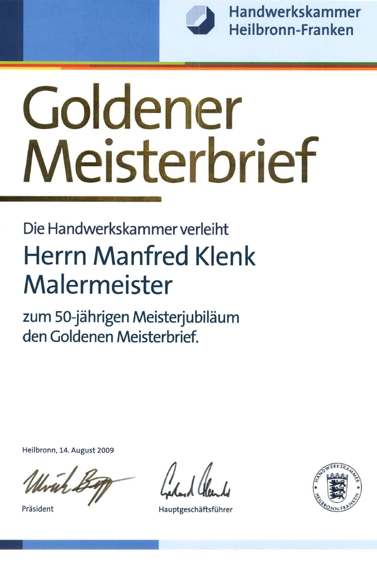 Meisterbrief Manfred Klenk